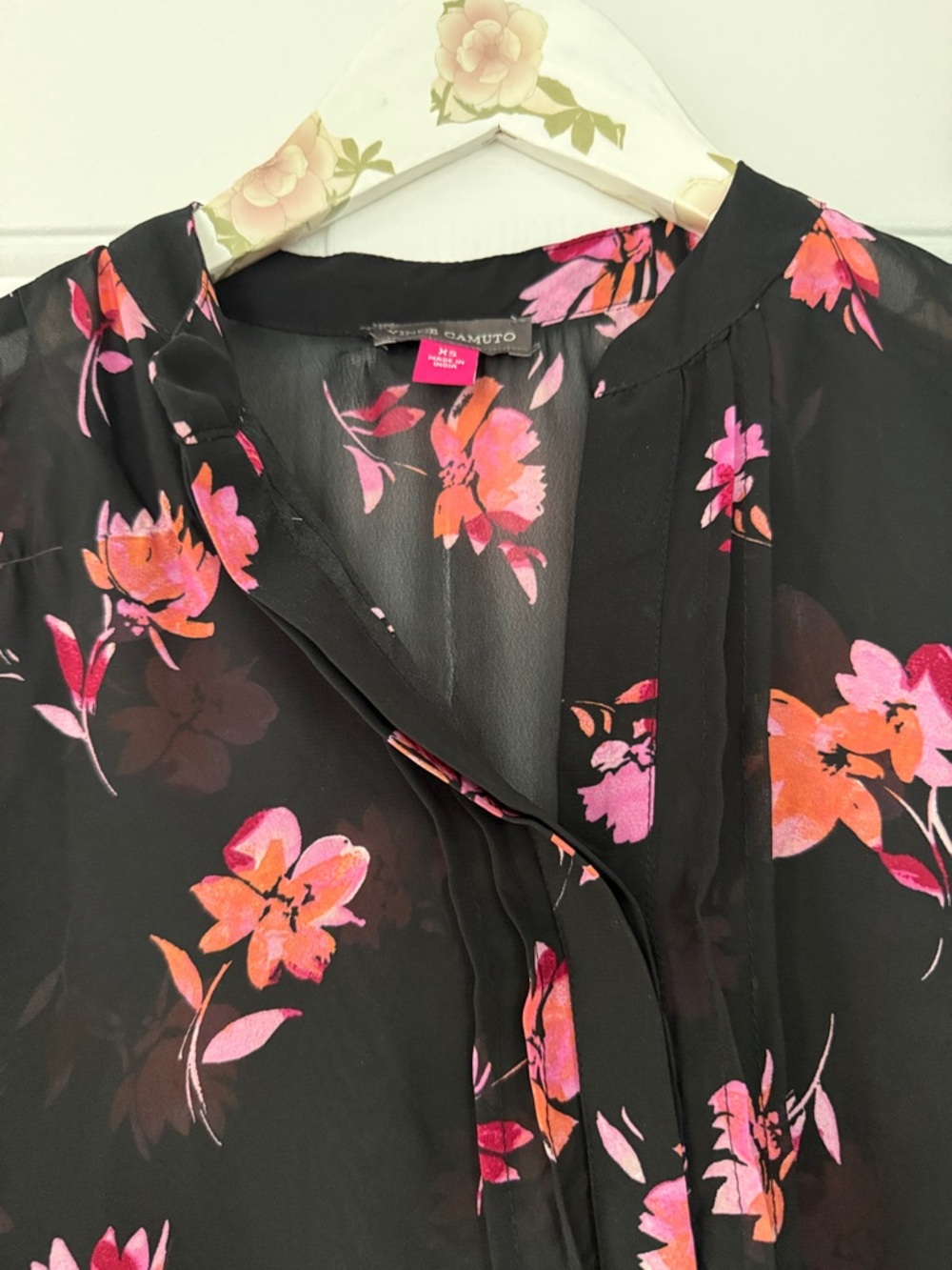 Vince Camuto Black Sheer Blouse with Pink & Coral Floral Print - Picture 2 of 5